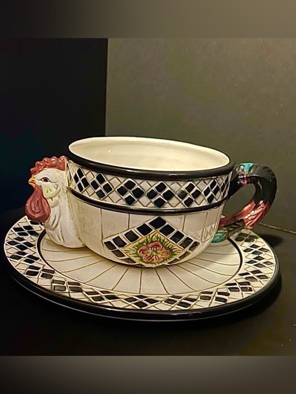 Rooster Soup Mug & Saucer CBK Ltd Earthenware Set Antique Black White Finish